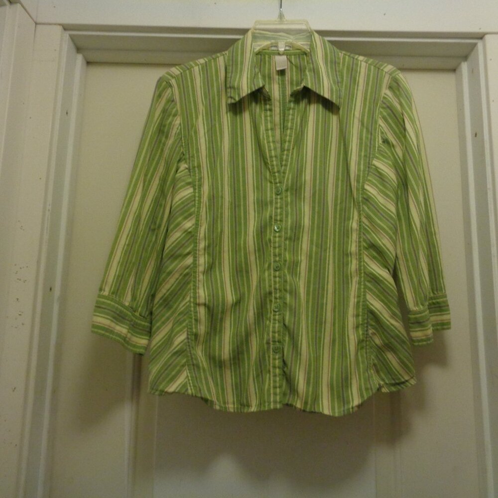 FALL SHIRTING OFFICE SIREN GIRL GREEN & STRIPES STRETCHY SHIRT BLOUSE S TO M
